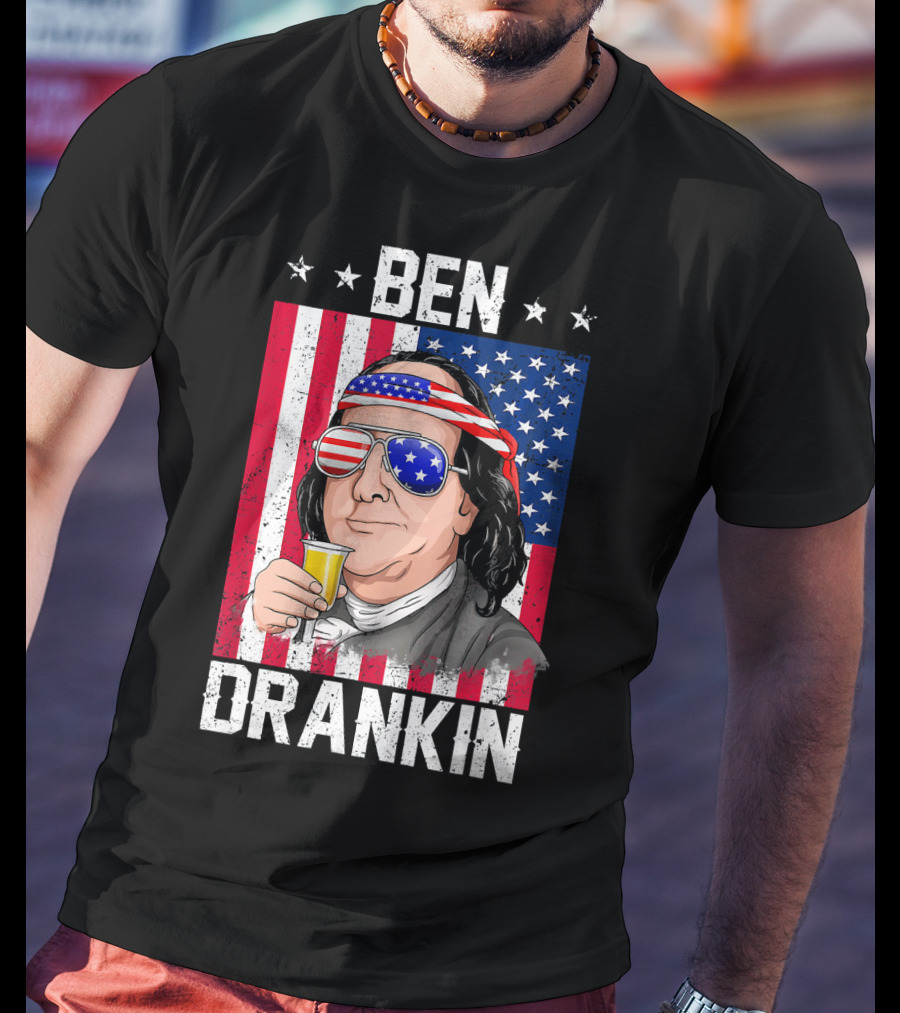 Ben Drankin American Flag Shades And Stars With Beer T-Shirt