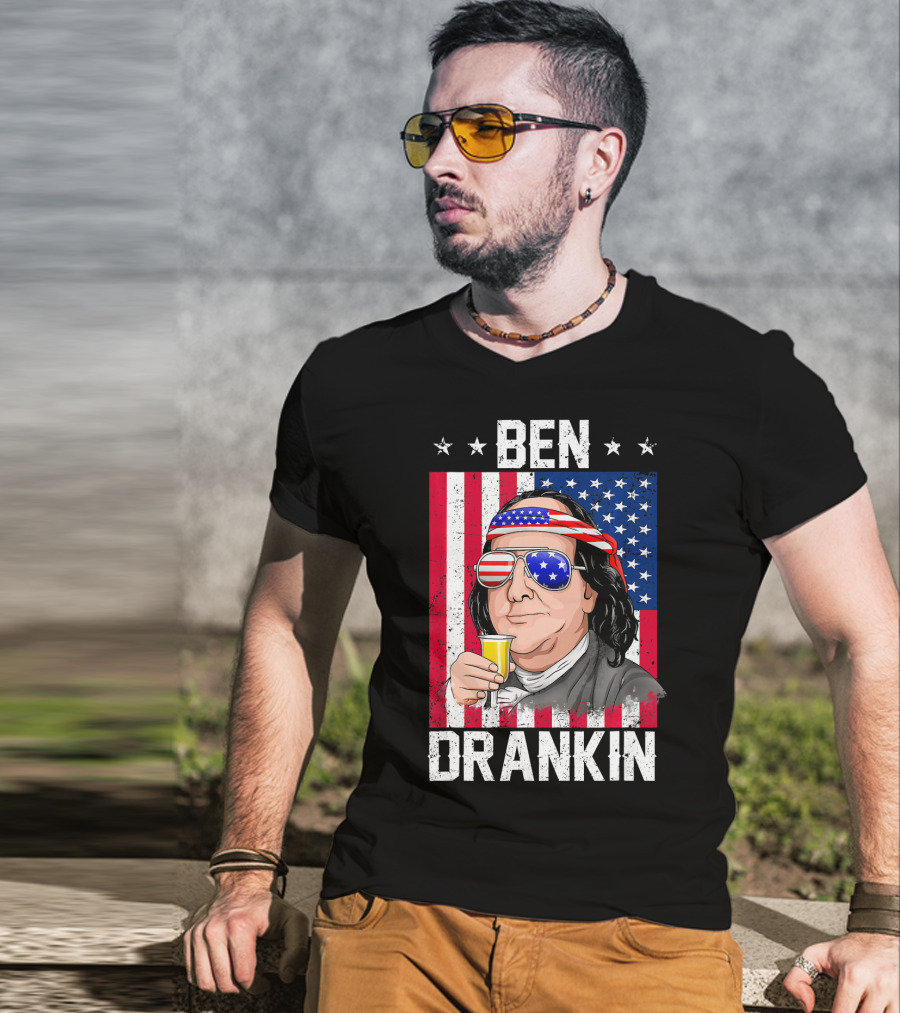 Ben Drankin American Flag Shades And Stars With Beer T-Shirt