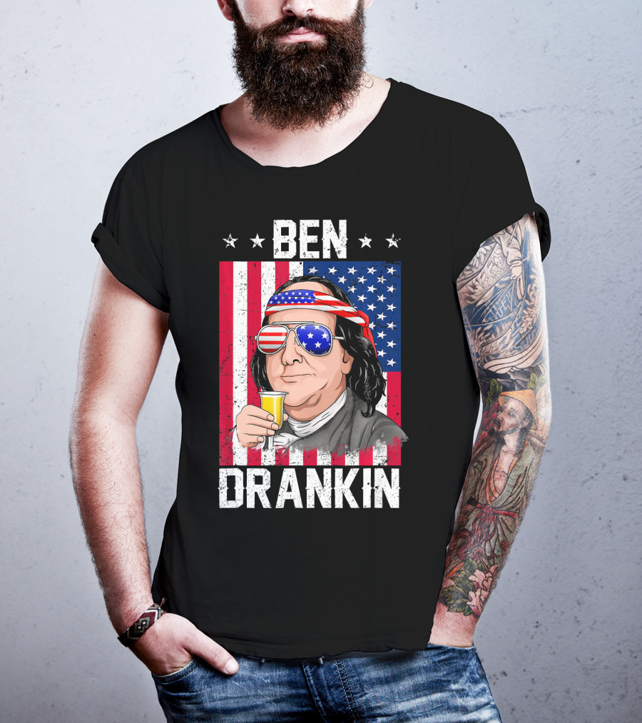 Ben Drankin American Flag Shades And Stars With Beer T-Shirt