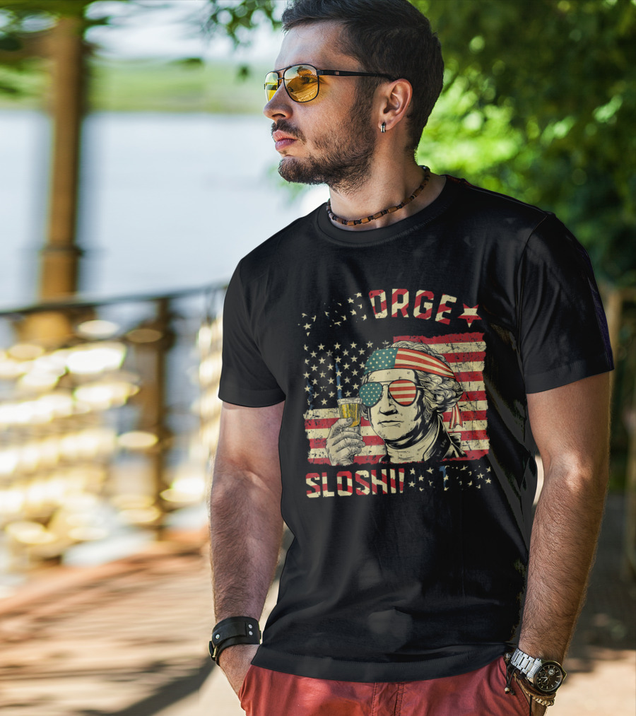 George Sloshington American Flag Aviator With Beer And Headband T-Shirt