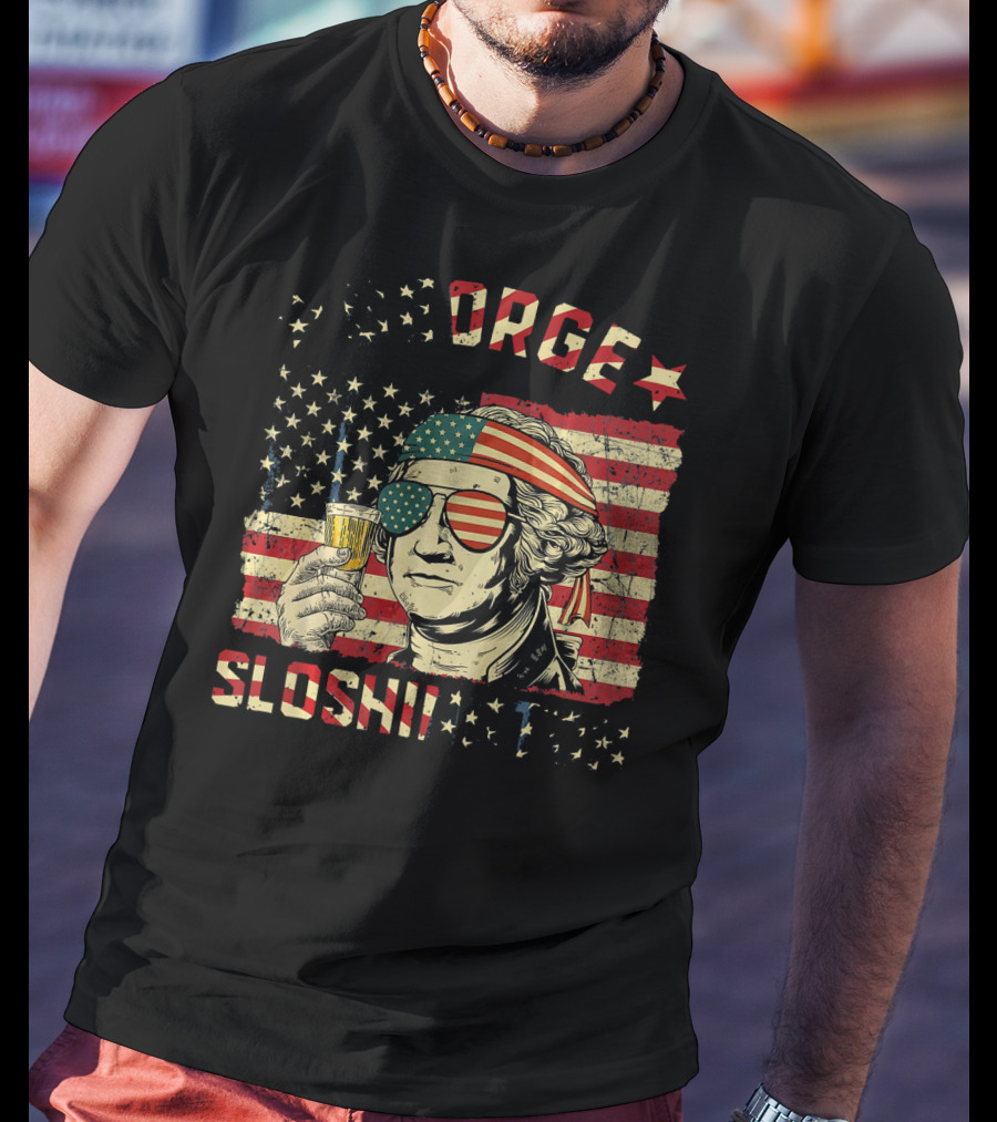 George Sloshington American Flag Aviator With Beer And Headband T-Shirt