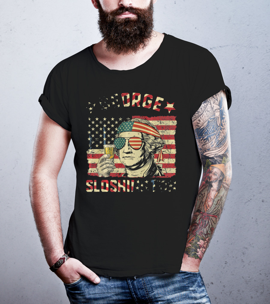 George Sloshington American Flag Aviator With Beer And Headband T-Shirt
