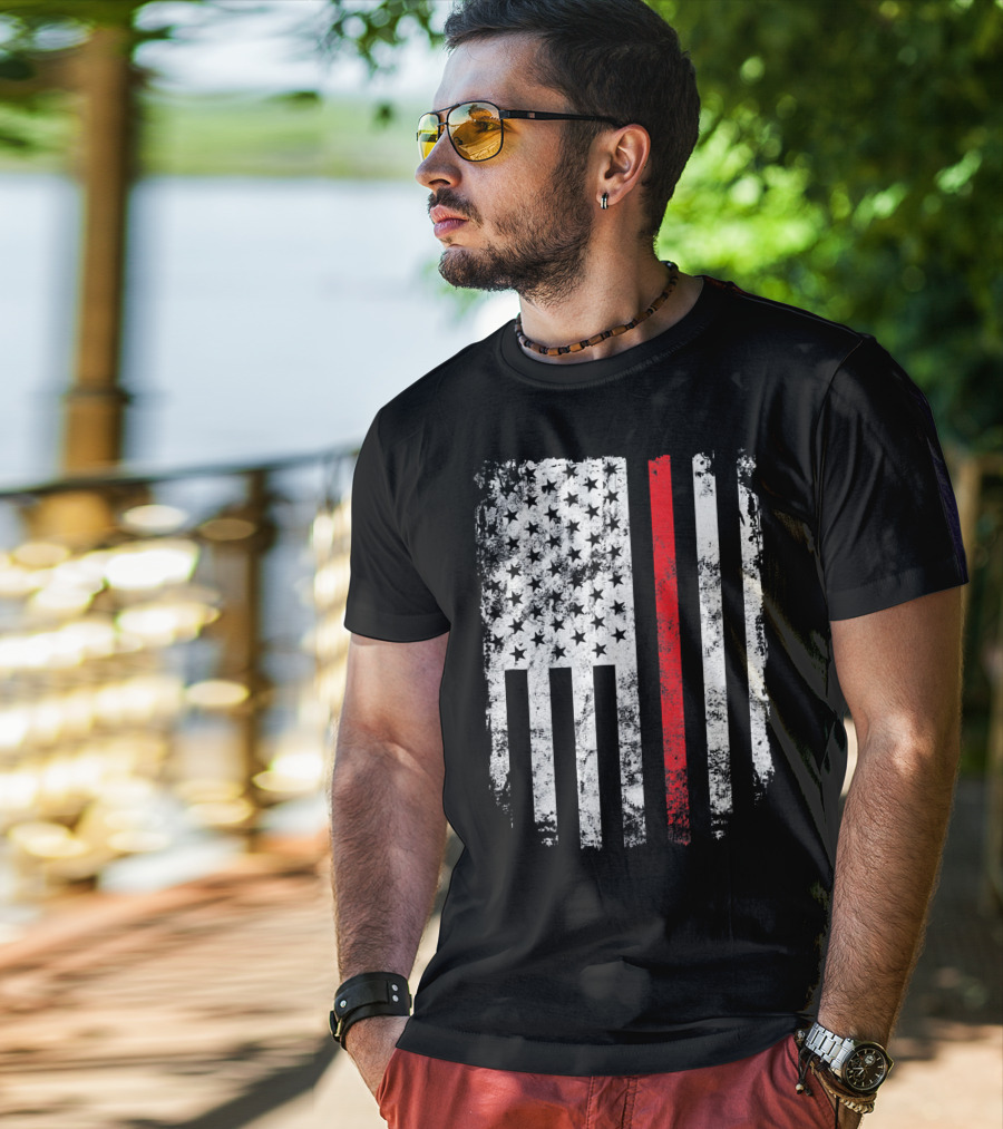Thin Red Line American Flag Fireman Firefighter T-Shirt