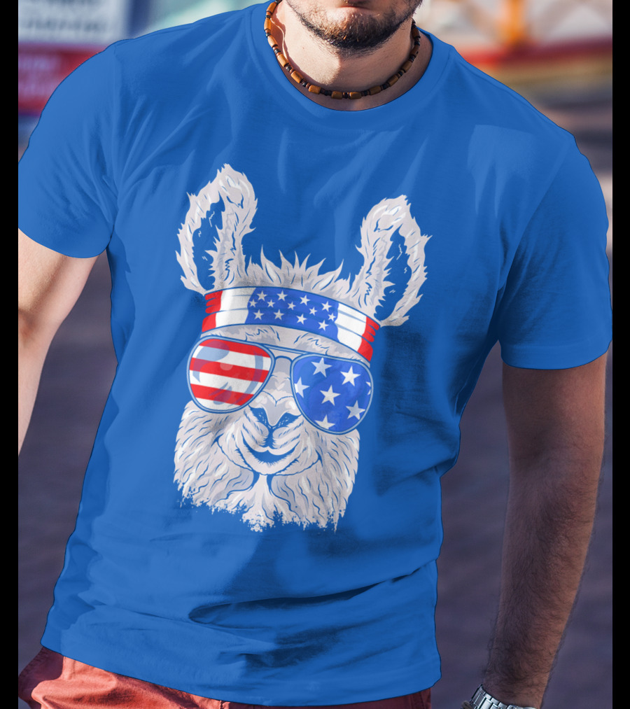 Patriotic Llama With American Flag Sunglasses And Headband For USA Independence Day T-Shirt