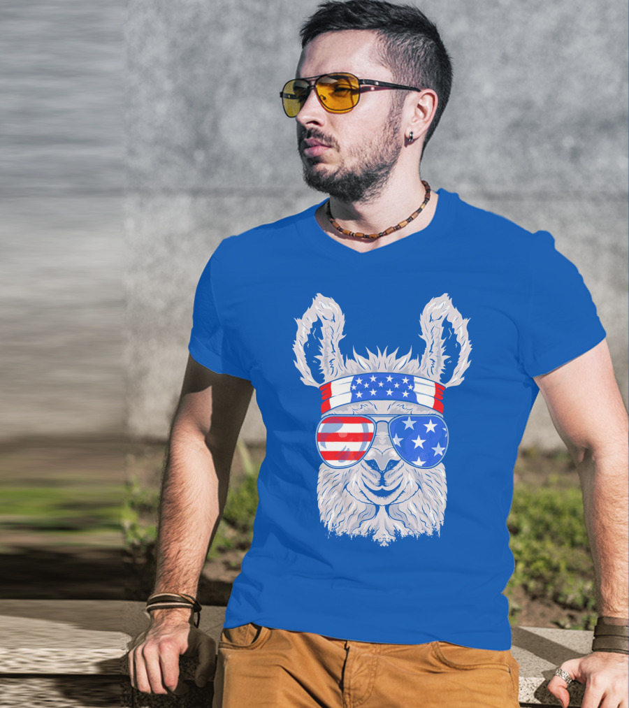 Patriotic Llama With American Flag Sunglasses And Headband For USA Independence Day T-Shirt