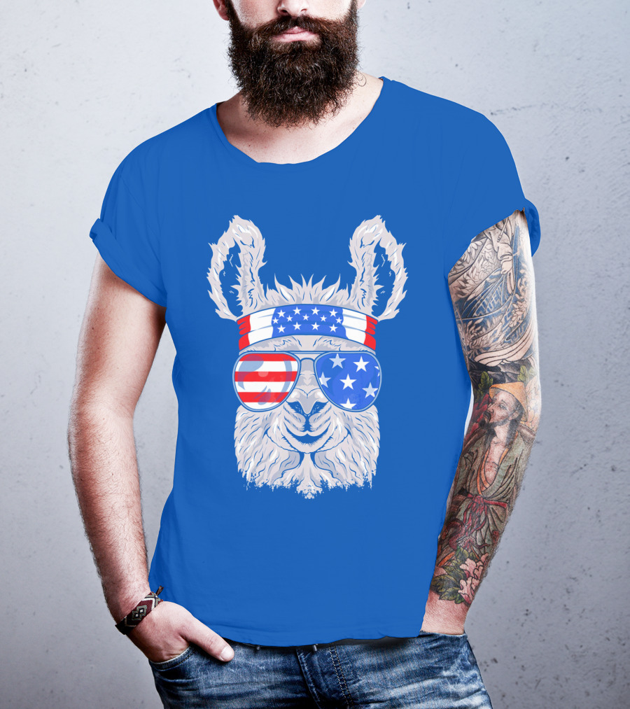 Patriotic Llama With American Flag Sunglasses And Headband For USA Independence Day T-Shirt