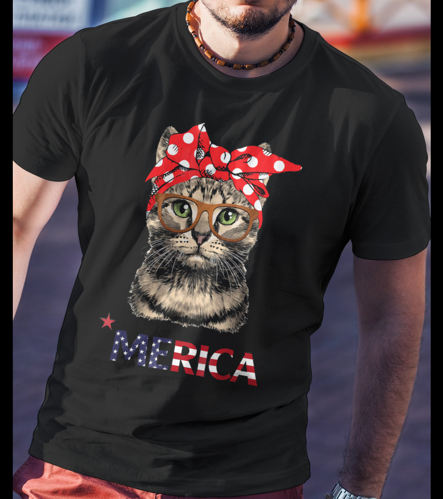 Merica Cat Red Bandana USA Flag Glasses T-Shirt