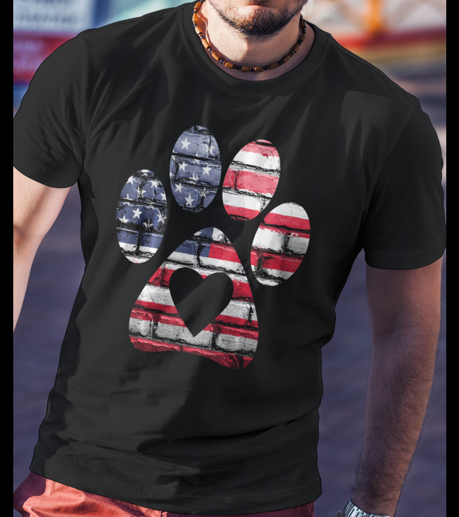 Patriotic Dog Paw With American Flag Heart T-Shirt