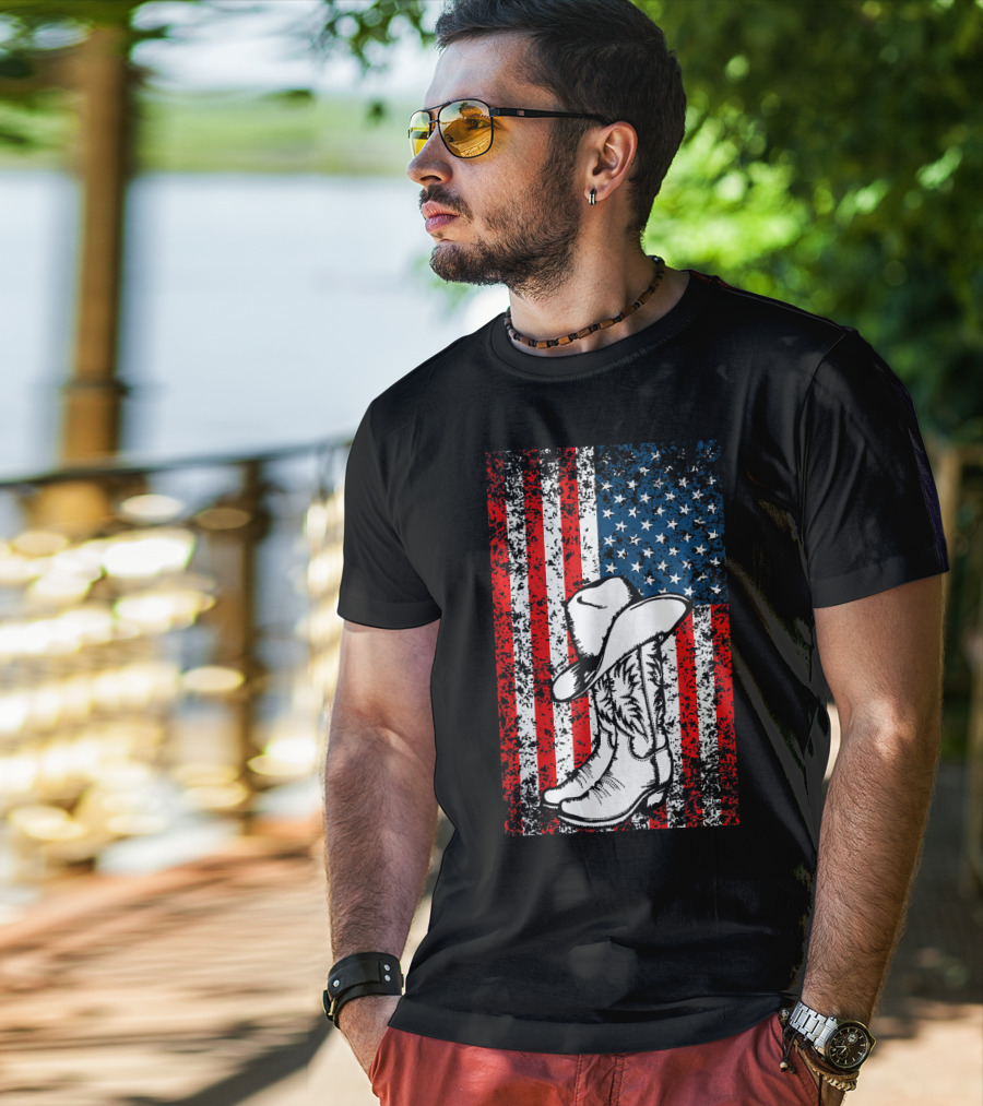 Cowboy Hat Boots American Flag Patriotic T-Shirt