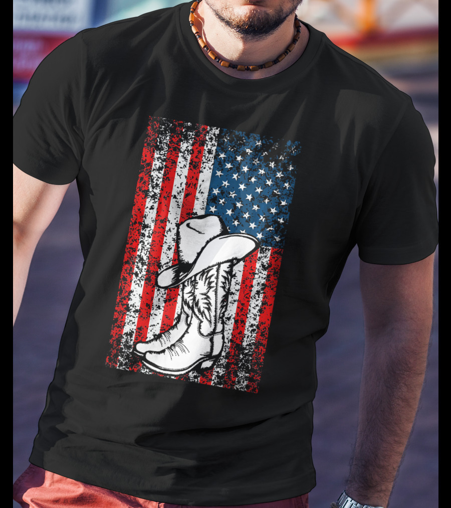 Cowboy Hat Boots American Flag Patriotic T-Shirt