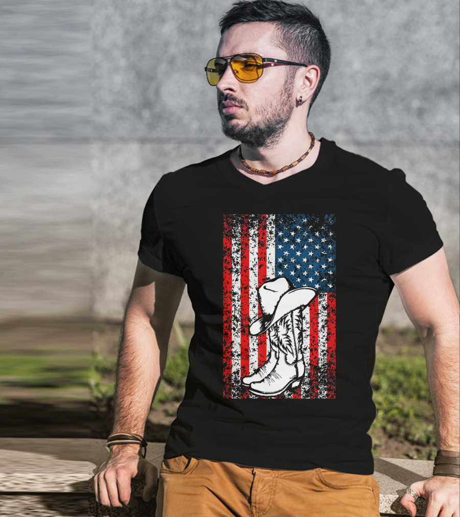 Cowboy Hat Boots American Flag Patriotic T-Shirt