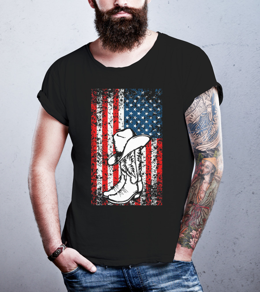 Cowboy Hat Boots American Flag Patriotic T-Shirt
