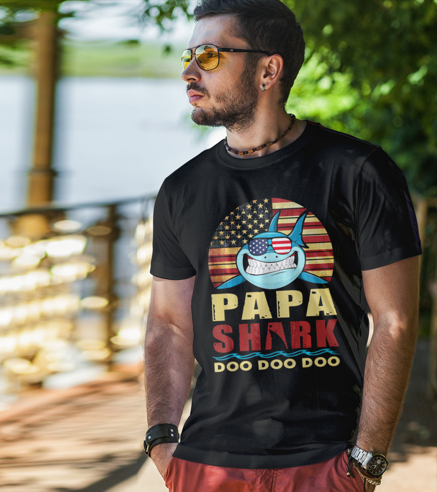 Papa Shark American Flag Doo Doo Doo T-Shirt