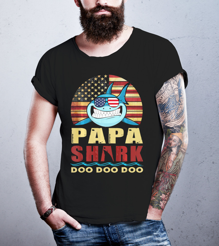 Papa Shark American Flag Doo Doo Doo T-Shirt