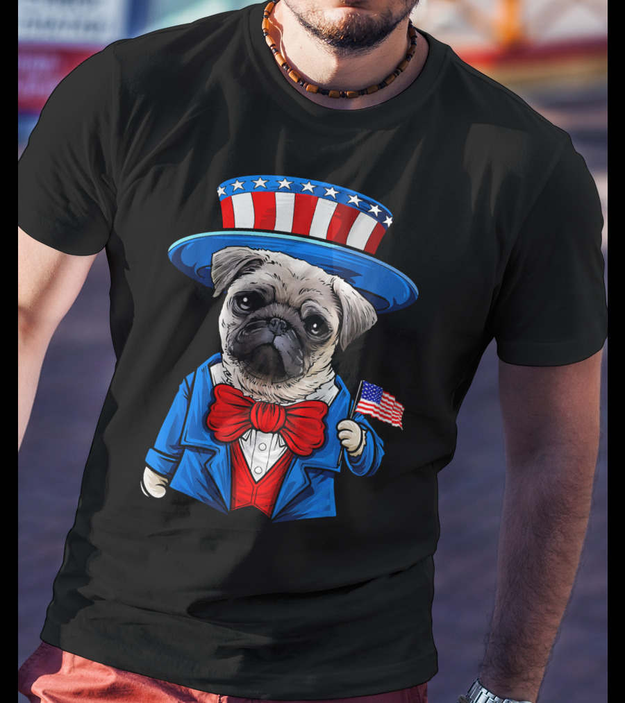 Uncle Sam Pug Holding American Flag Fourth Of July Dog Humor T-Shirt