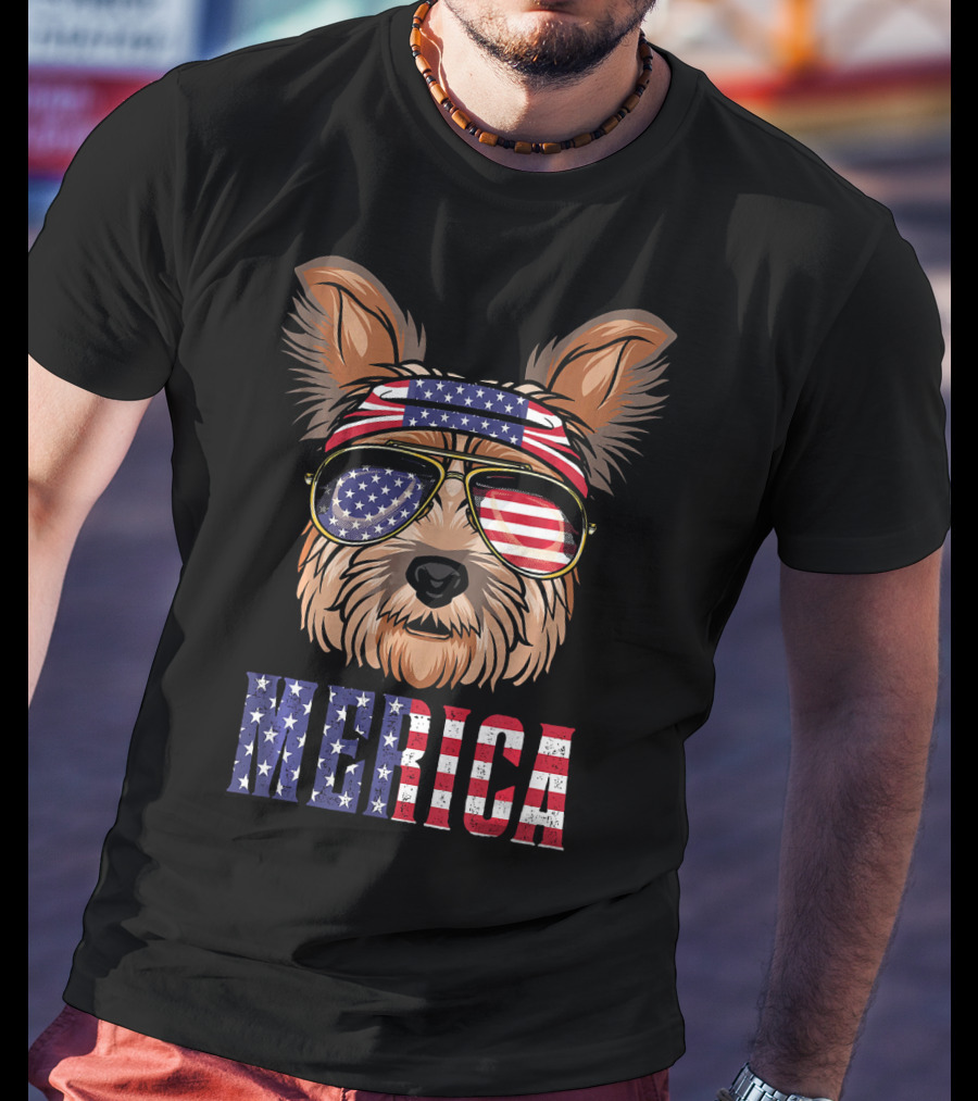 Yorkie Dog Merica American Flag Sunglasses Bandana T-Shirt