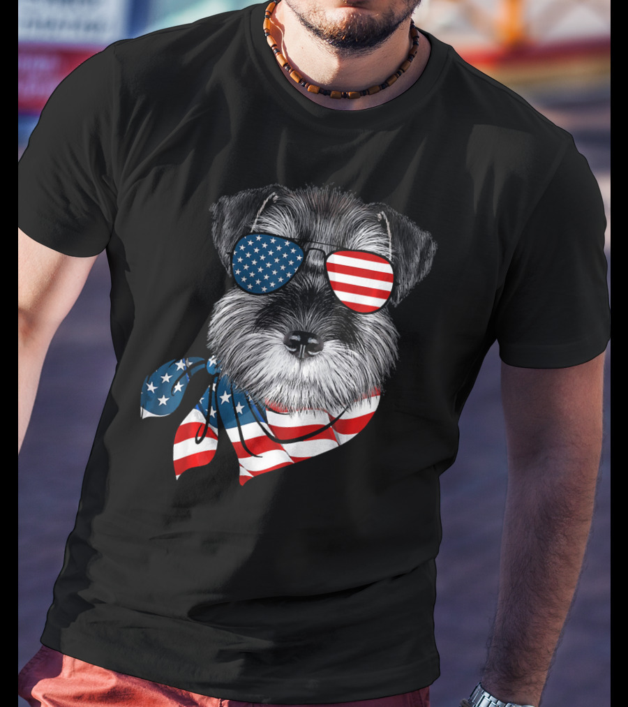Schnauzer With American Flag Sunglasses And Scarf Patriotic T-Shirt