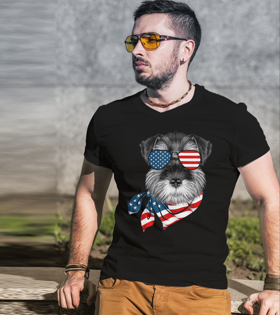 Schnauzer With American Flag Sunglasses And Scarf Patriotic T-Shirt
