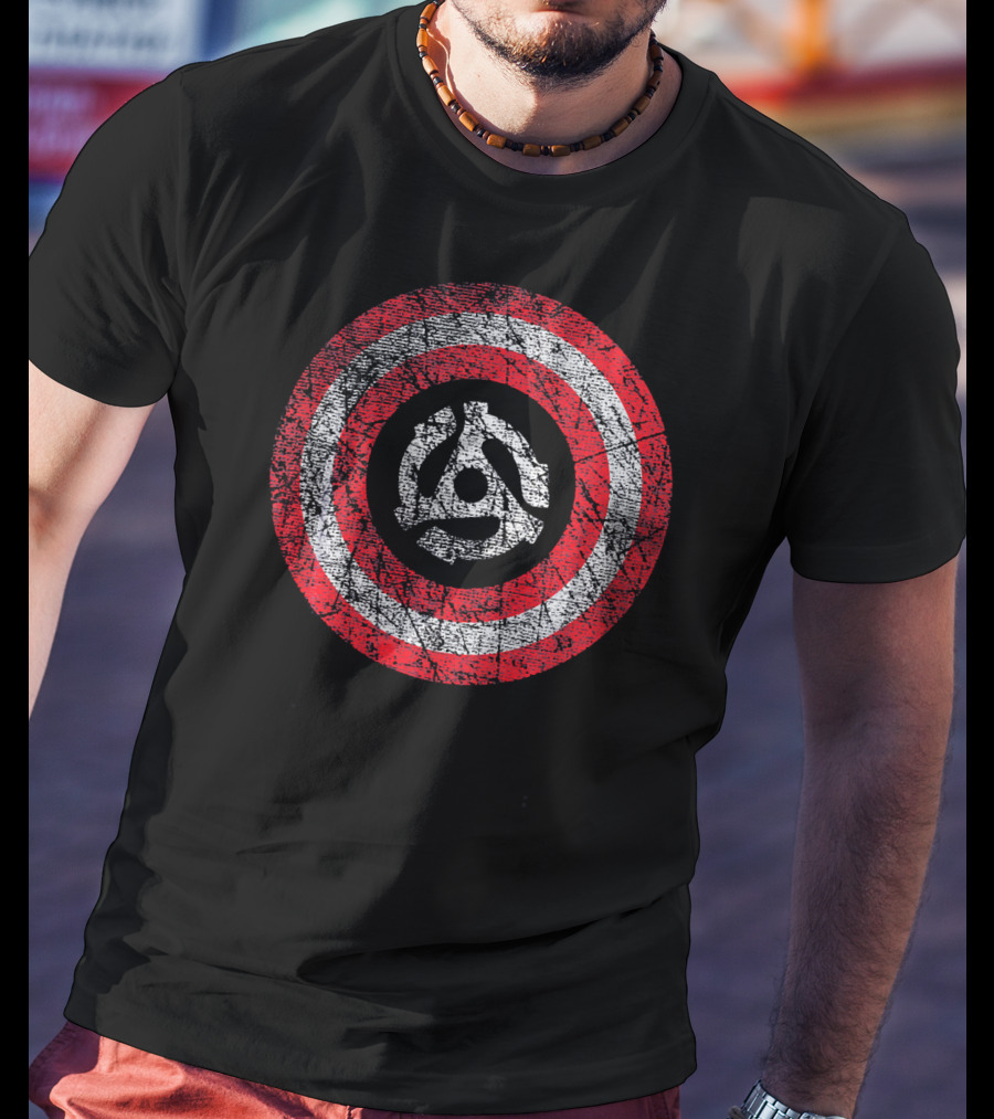 Patriotic Distressed Vinyl 45 RPM Adapter Red White Stripes T-Shirt