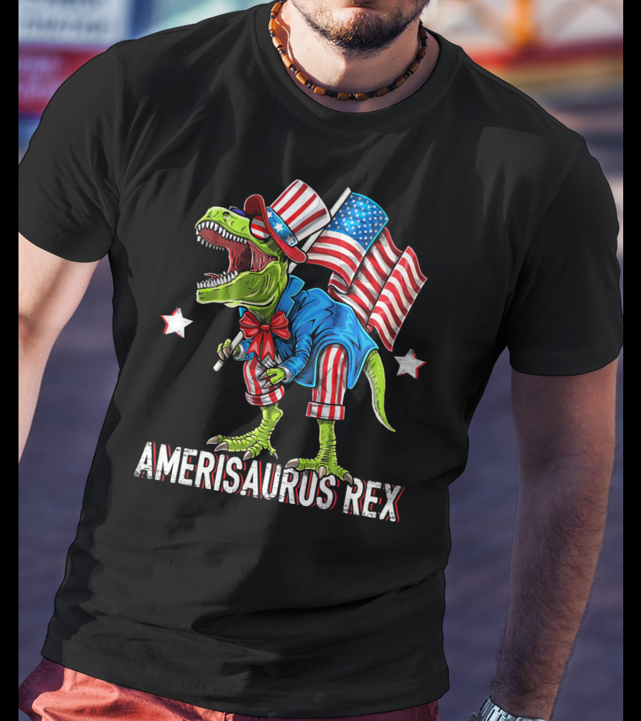 Amerisaurus Rex Dinosaur Uncle Sam Costume Fourth Of July Patriotic T-Rex T-Shirt