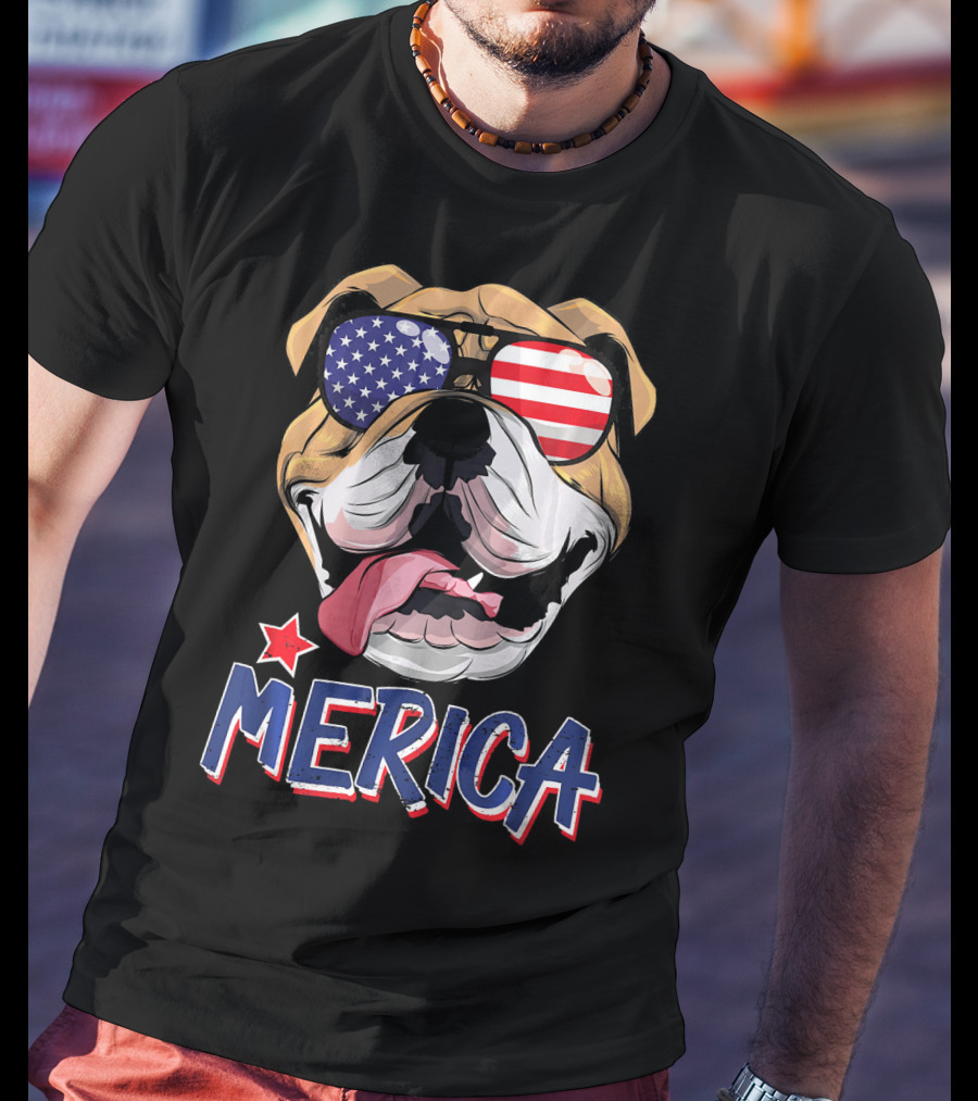 English Bulldog Merica Sunglasses Fourth Of July T-Shirt