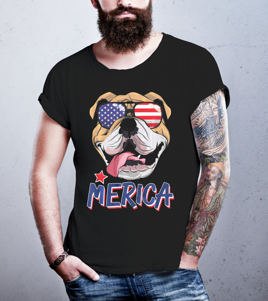 English Bulldog Merica Sunglasses Fourth Of July T-Shirt