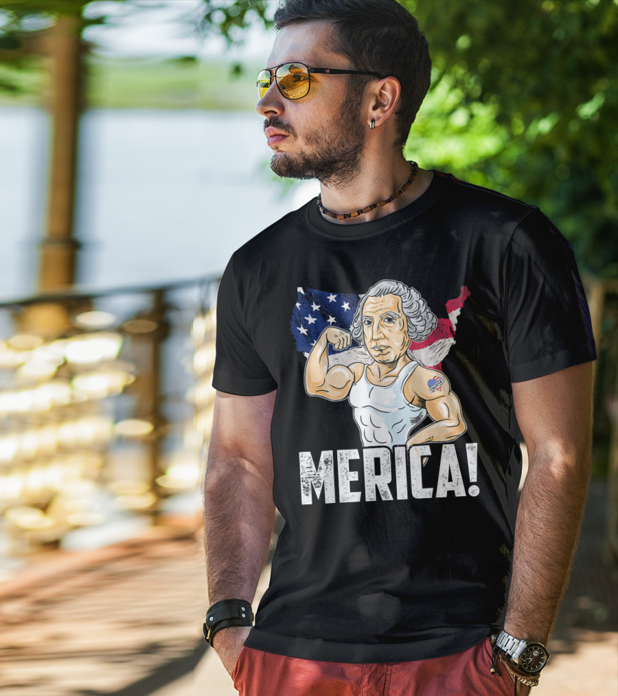 George Washington Muscles Merica USA Flag Background T-Shirt