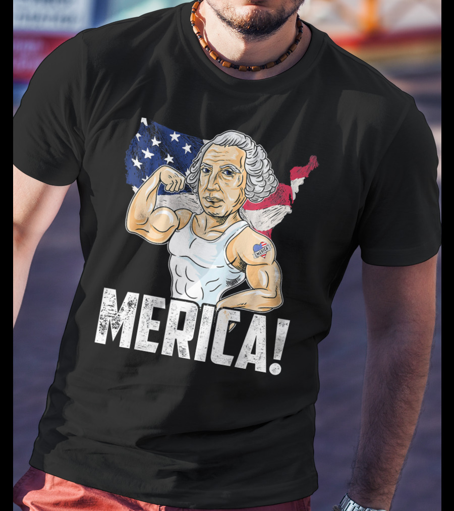 George Washington Muscles Merica USA Flag Background T-Shirt