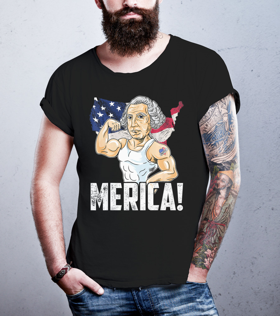 George Washington Muscles Merica USA Flag Background T-Shirt