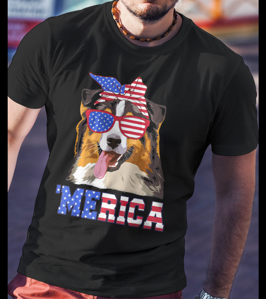 Aussie Dog Mom 'Merica American Flag Sunglasses And Bandana T-Shirt