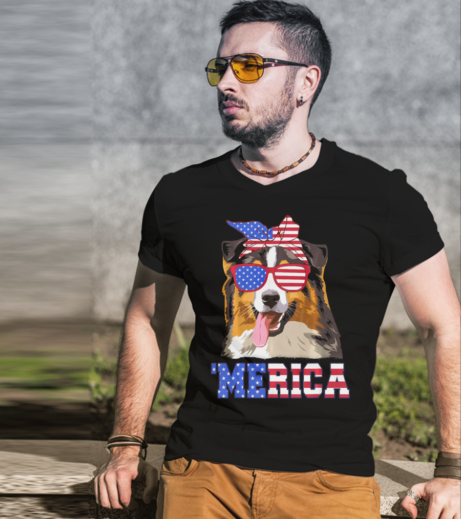 Aussie Dog Mom 'Merica American Flag Sunglasses And Bandana T-Shirt