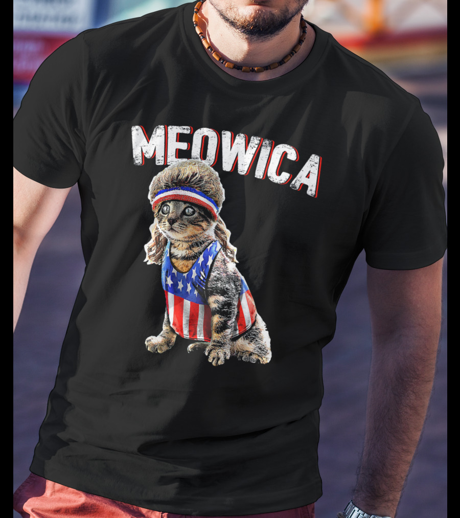 Meowica Cat Mullet American Flag Headband Stars And Stripes Tank Top T-Shirt
