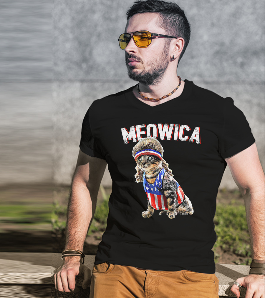 Meowica Cat Mullet American Flag Headband Stars And Stripes Tank Top T-Shirt