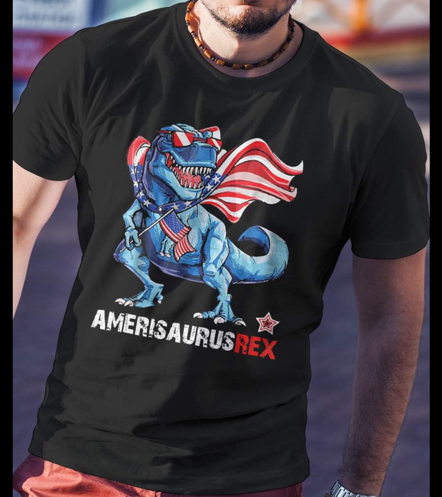 Amerisaurus Rex Patriotic Dinosaur With USA Flag And Stars T-Shirt