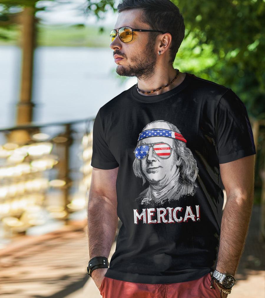 Benjamin Franklin Merica Patriotic USA Bandana Sunglasses T-Shirt