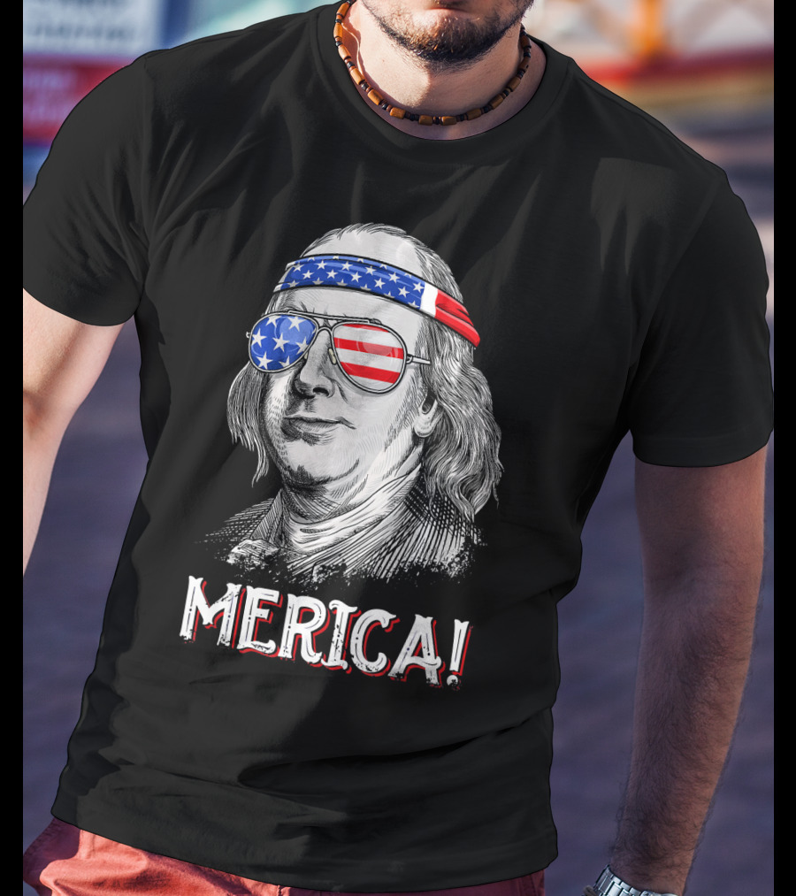 Benjamin Franklin Merica Patriotic USA Bandana Sunglasses T-Shirt