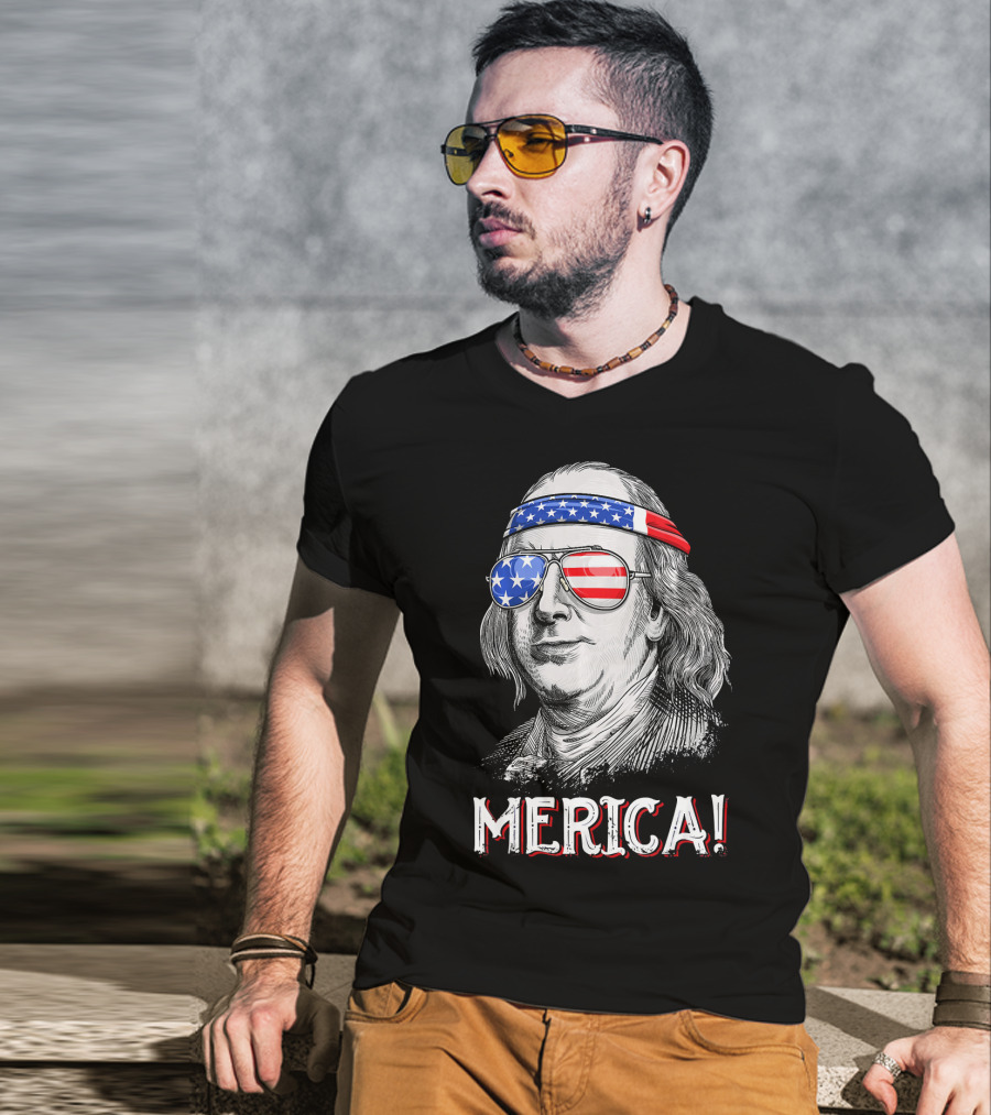 Benjamin Franklin Merica Patriotic USA Bandana Sunglasses T-Shirt