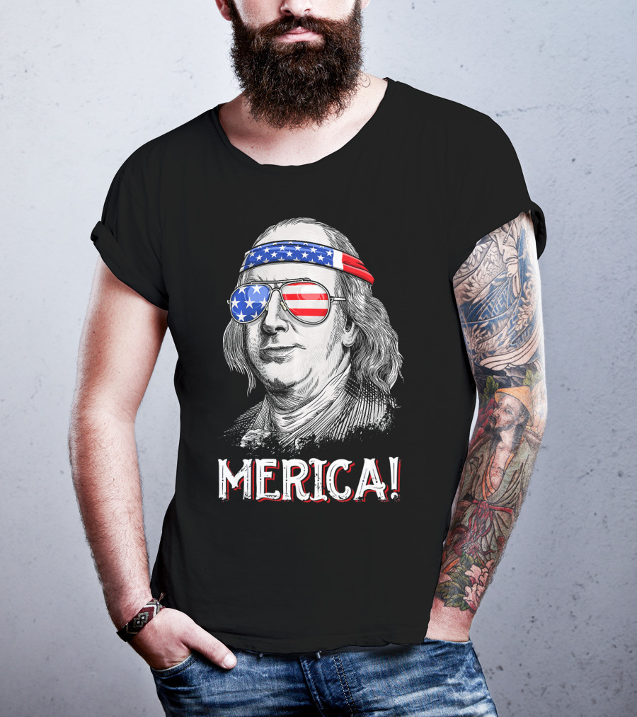 Benjamin Franklin Merica Patriotic USA Bandana Sunglasses T-Shirt
