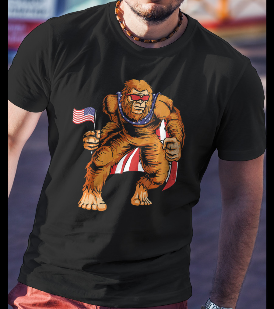 Bigfoot Patriotic American Flag Sunglasses Flag-Waving Stance T-Shirt