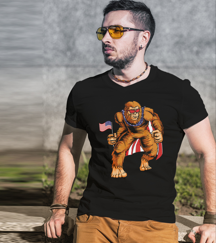 Bigfoot Patriotic American Flag Sunglasses Flag-Waving Stance T-Shirt