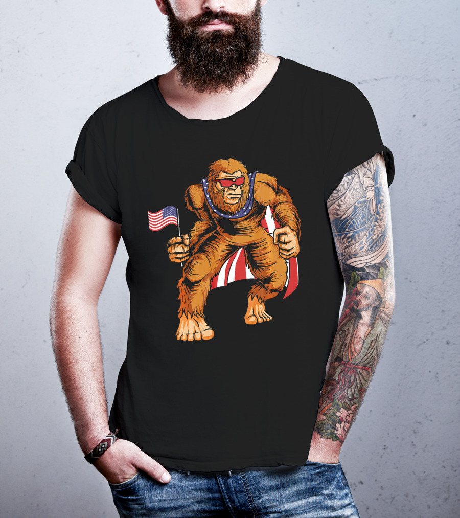 Bigfoot Patriotic American Flag Sunglasses Flag-Waving Stance T-Shirt