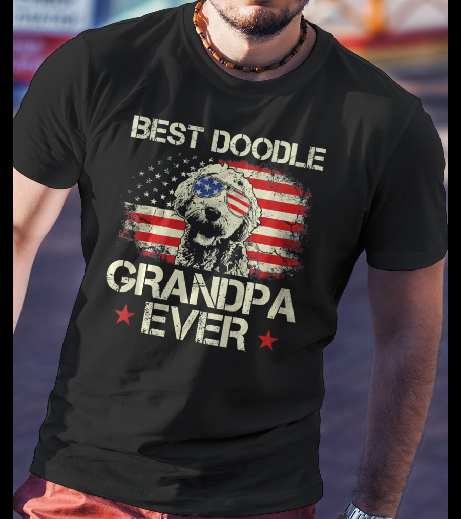 Best Doodle Grandpa Ever USA Flag Sunglasses Dog T-Shirt