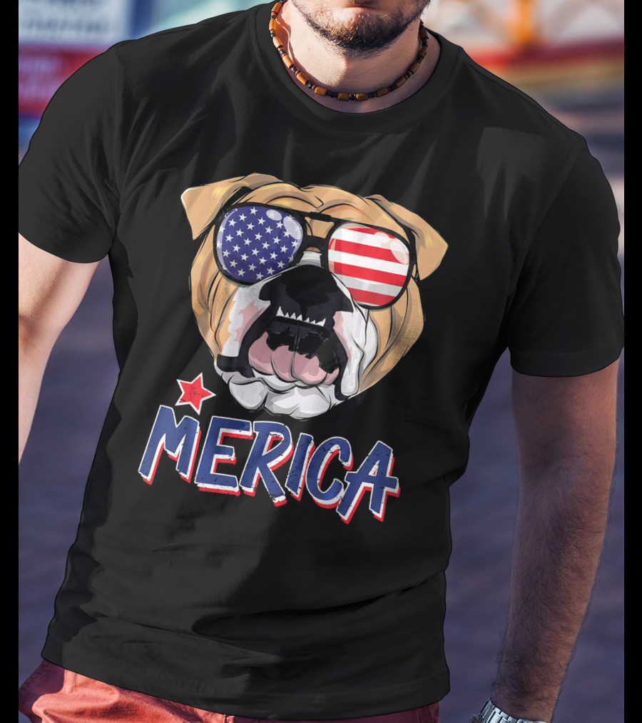 English Bulldog Sunglass Merica American Flag T-Shirt