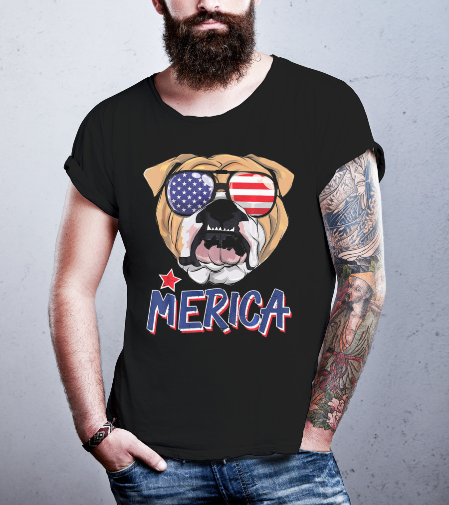 English Bulldog Sunglass Merica American Flag T-Shirt