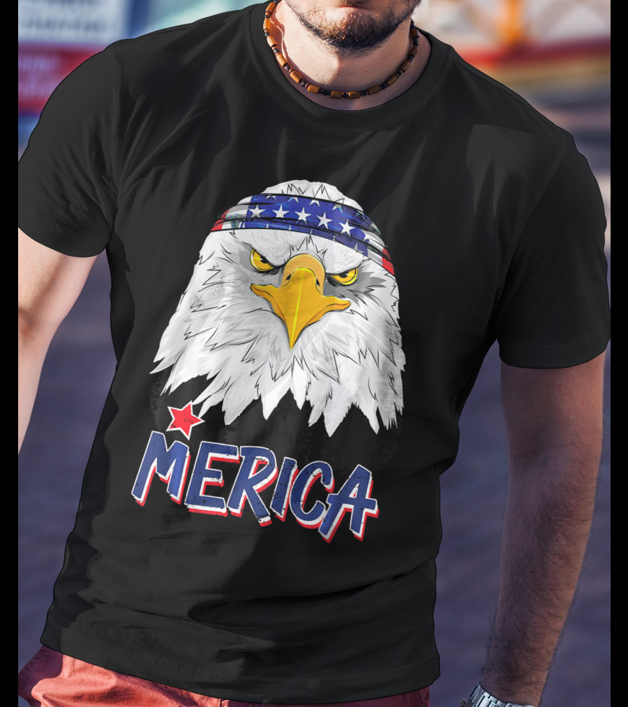 Merica Patriotic American Bald Eagle With Star-Spangled Headband T-Shirt