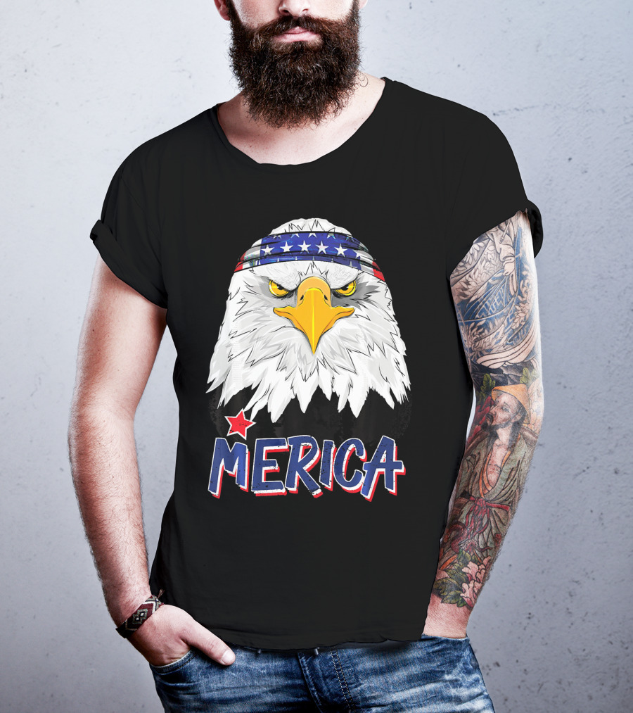 Merica Patriotic American Bald Eagle With Star-Spangled Headband T-Shirt