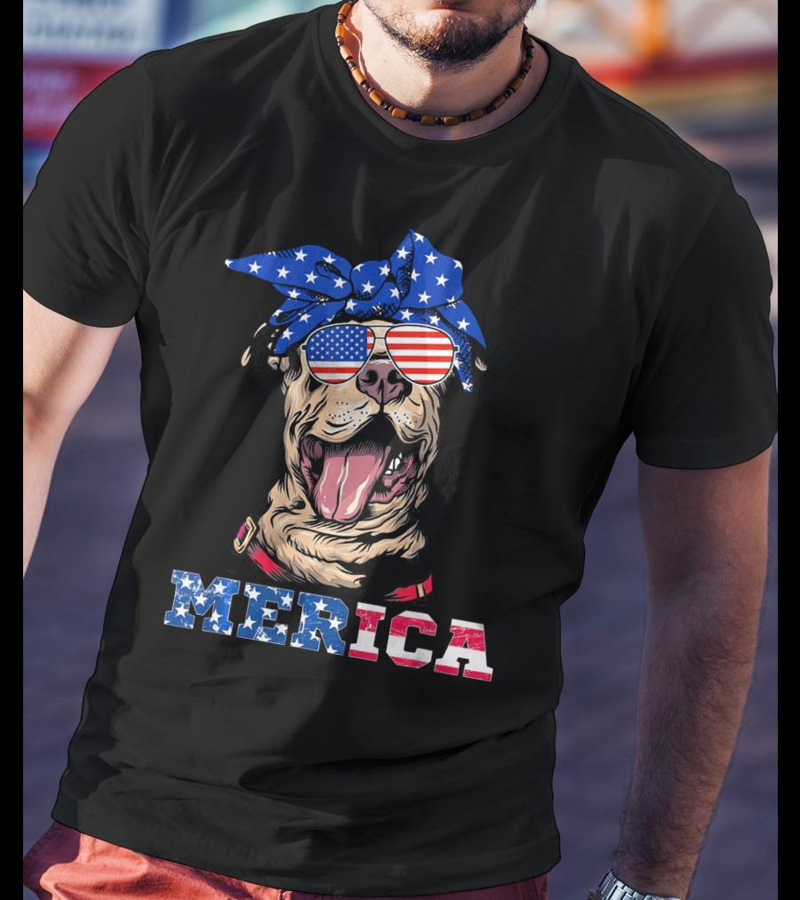 Merica American Flag Pitbull Wearing Bandana And Sunglasses T-Shirt