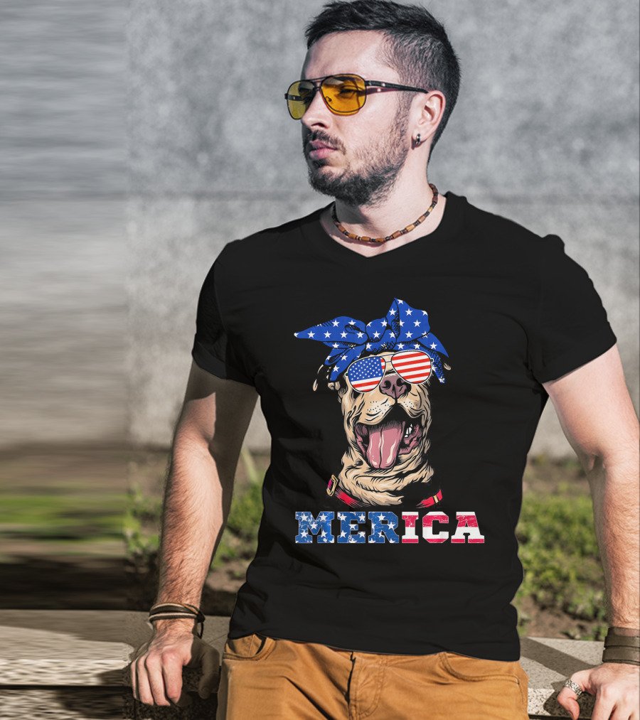 Merica American Flag Pitbull Wearing Bandana And Sunglasses T-Shirt