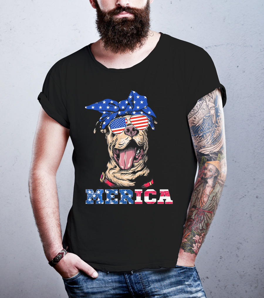 Merica American Flag Pitbull Wearing Bandana And Sunglasses T-Shirt