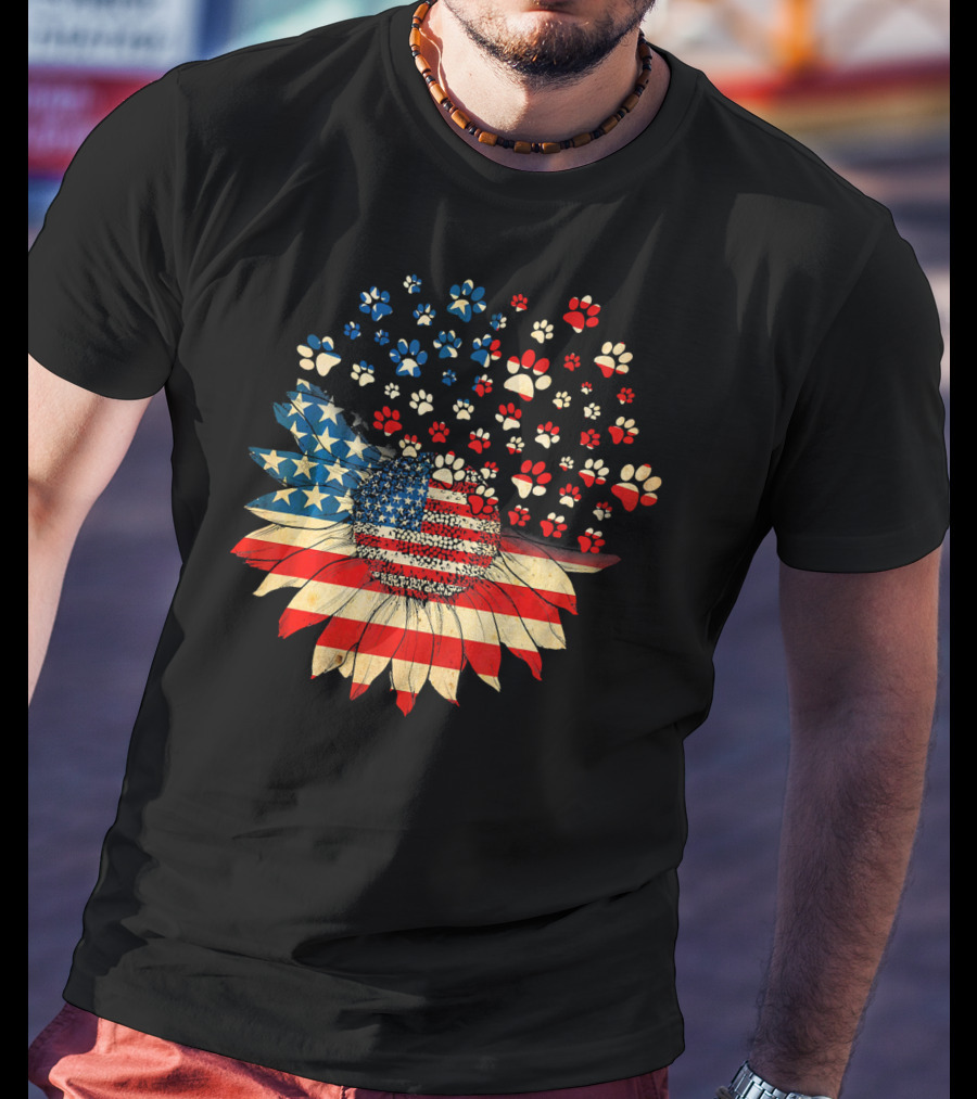American Flag Sunflower With Dog Paw T-Shirt